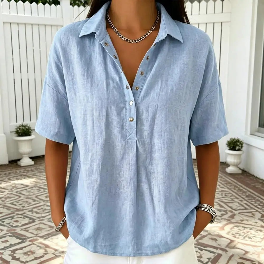 Lorna — Blusa de lino de manga corta con cuello polo