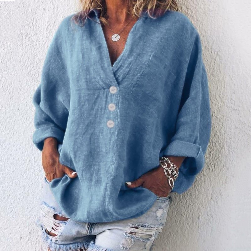 Nilda — Blusa de lino oversized con botones y cuello en V
