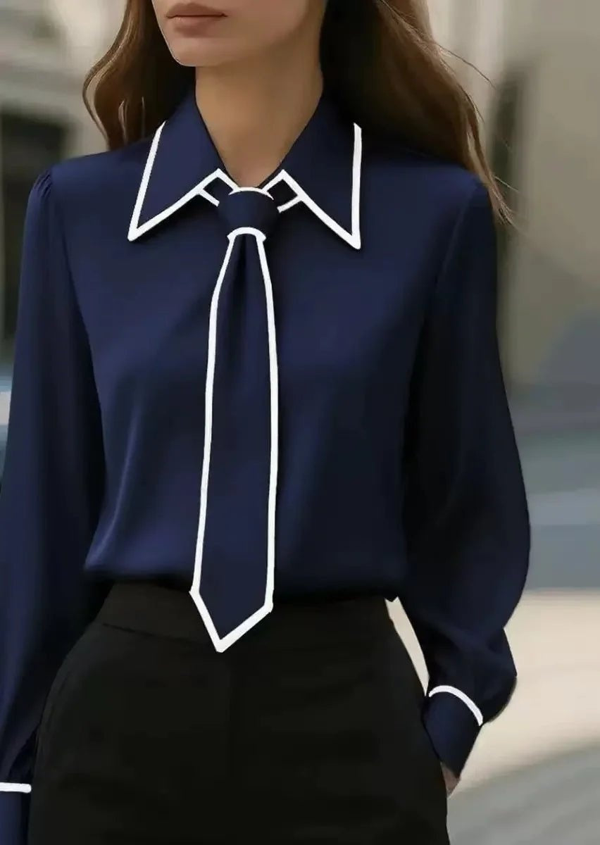 Kiara — Camisa blanca de manga larga con cuello de lazo