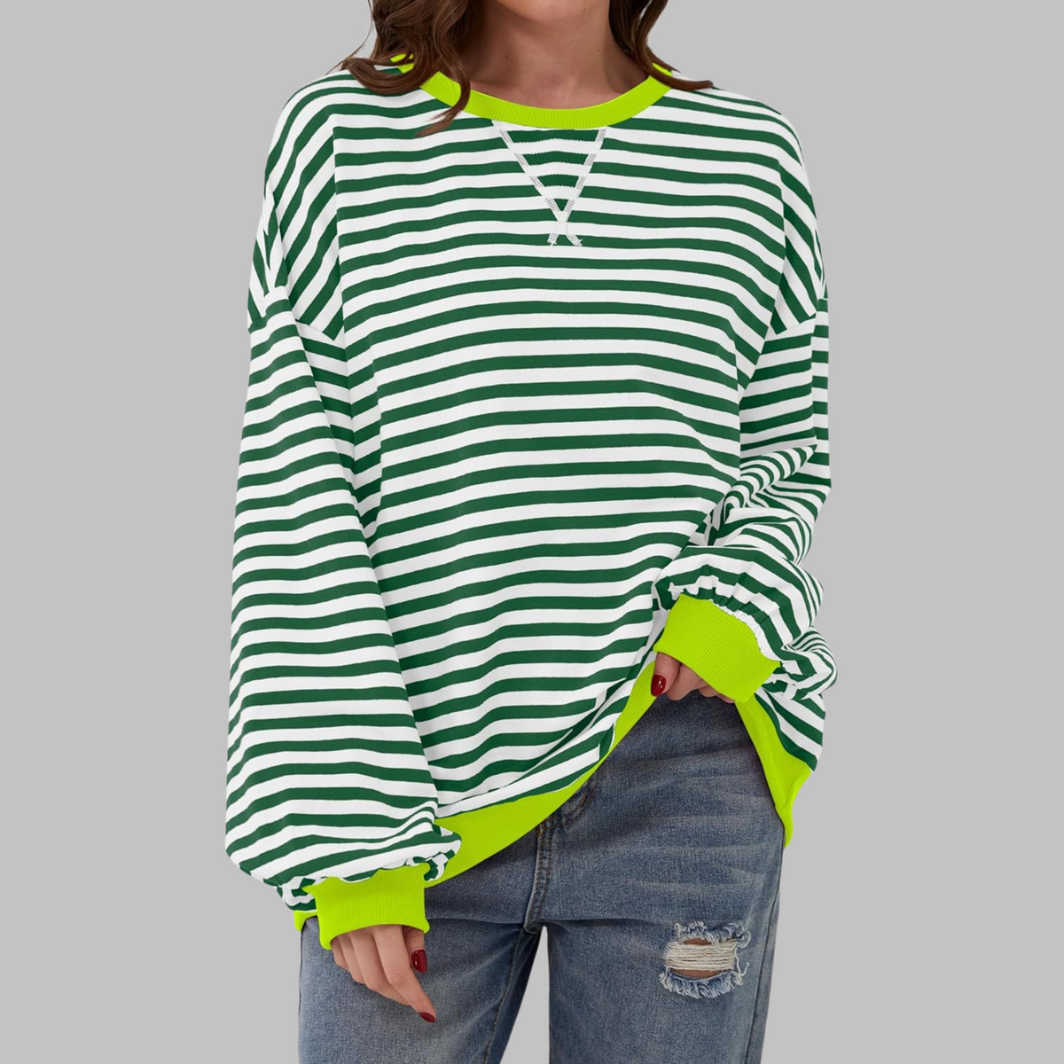 Jade — Sudadera de rayas oversize de cuello redondo