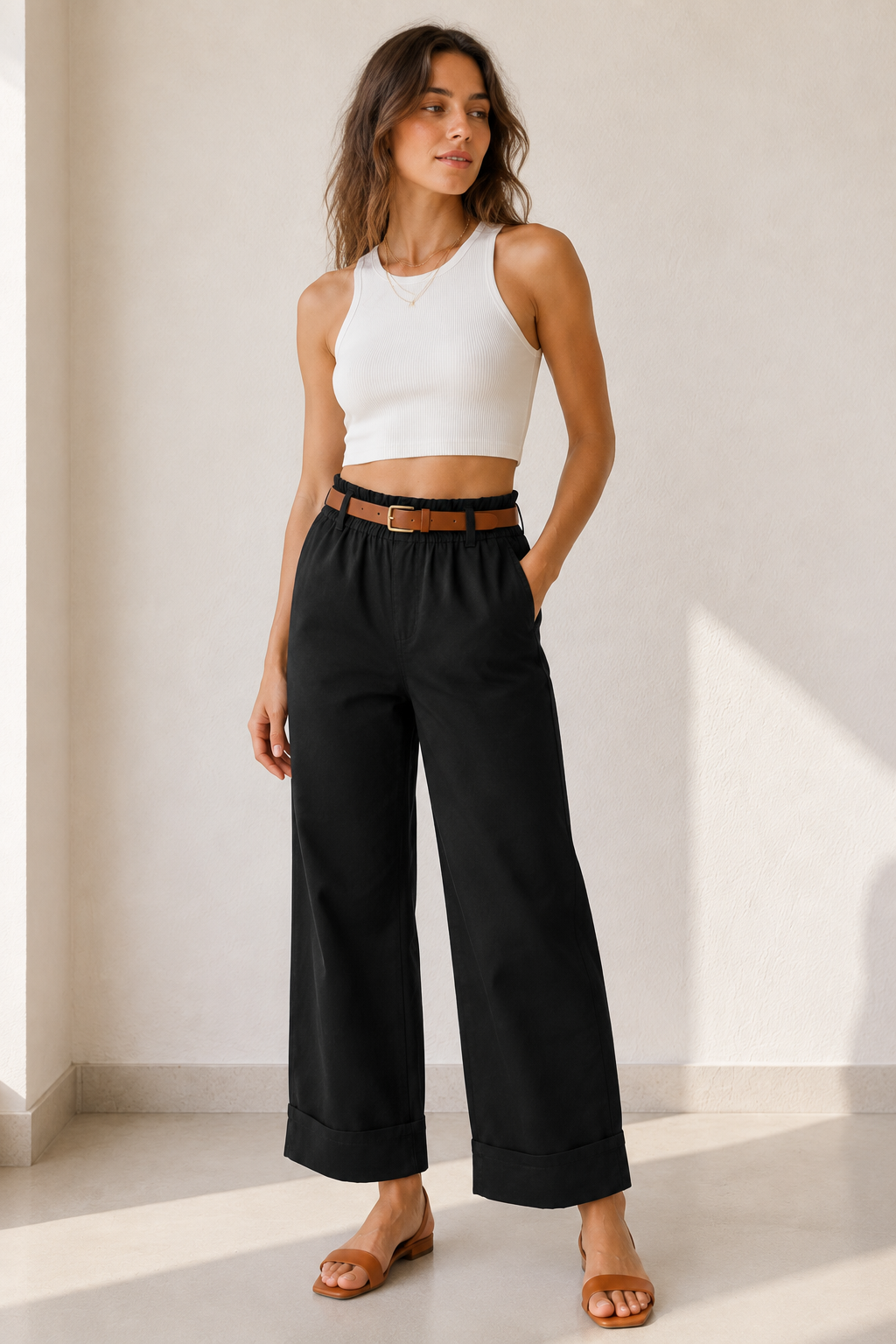 Anaís — Pantalón con cinturón y bolsillos de ribete