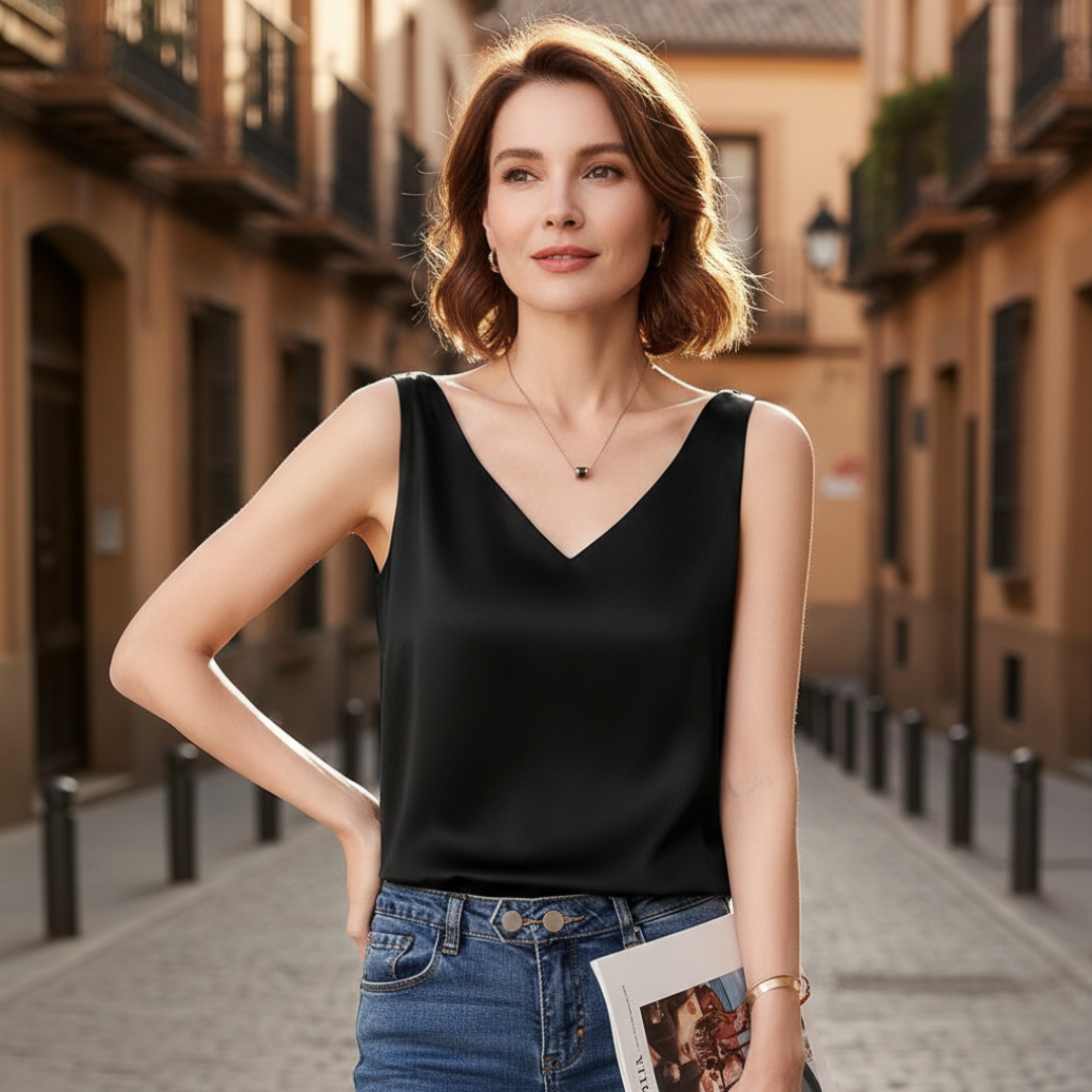 Rosana — Top sin mangas drapeado con escote en V y tejido suave