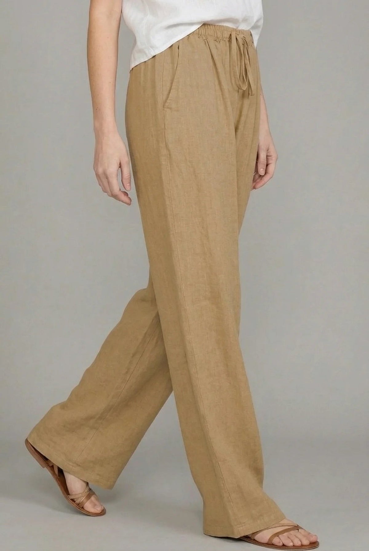 Delfina — Pantalón de lino de pierna ancha con cintura elástica y cordón