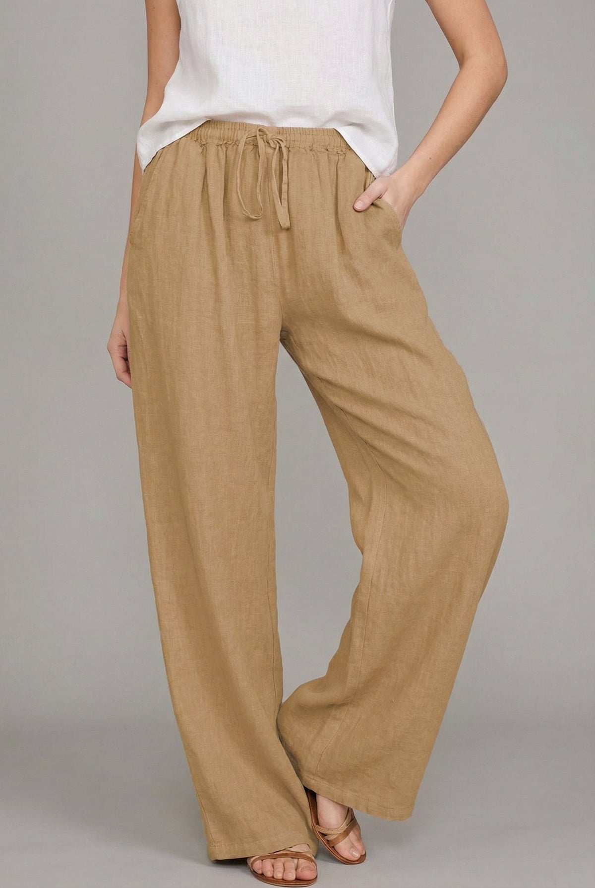 Delfina — Pantalón de lino de pierna ancha con cintura elástica y cordón