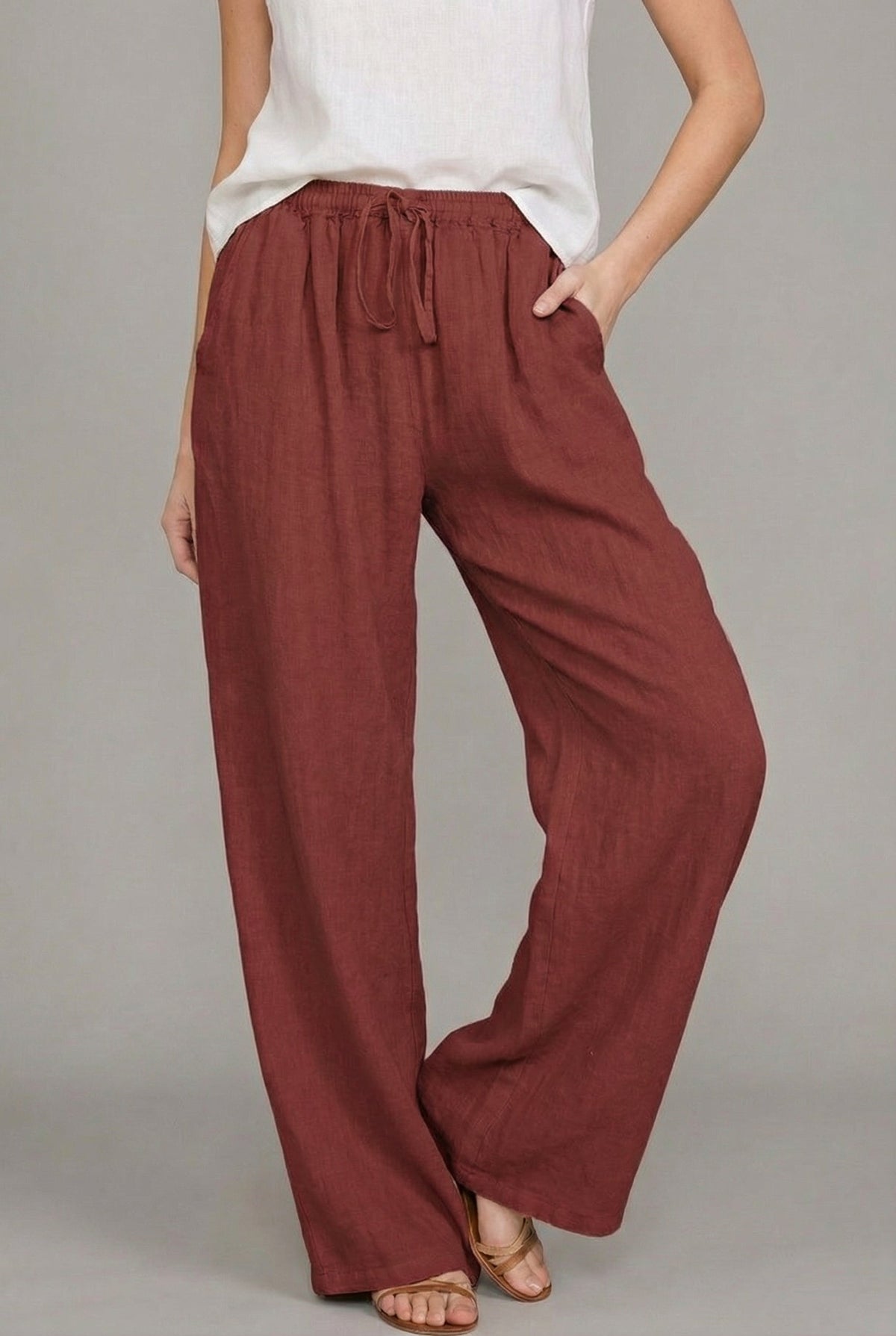 Delfina — Pantalón de lino de pierna ancha con cintura elástica y cordón