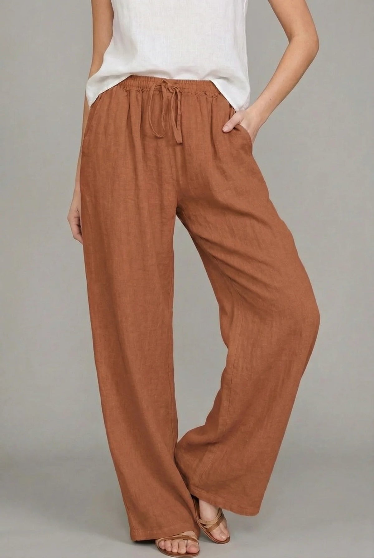 Delfina — Pantalón de lino de pierna ancha con cintura elástica y cordón
