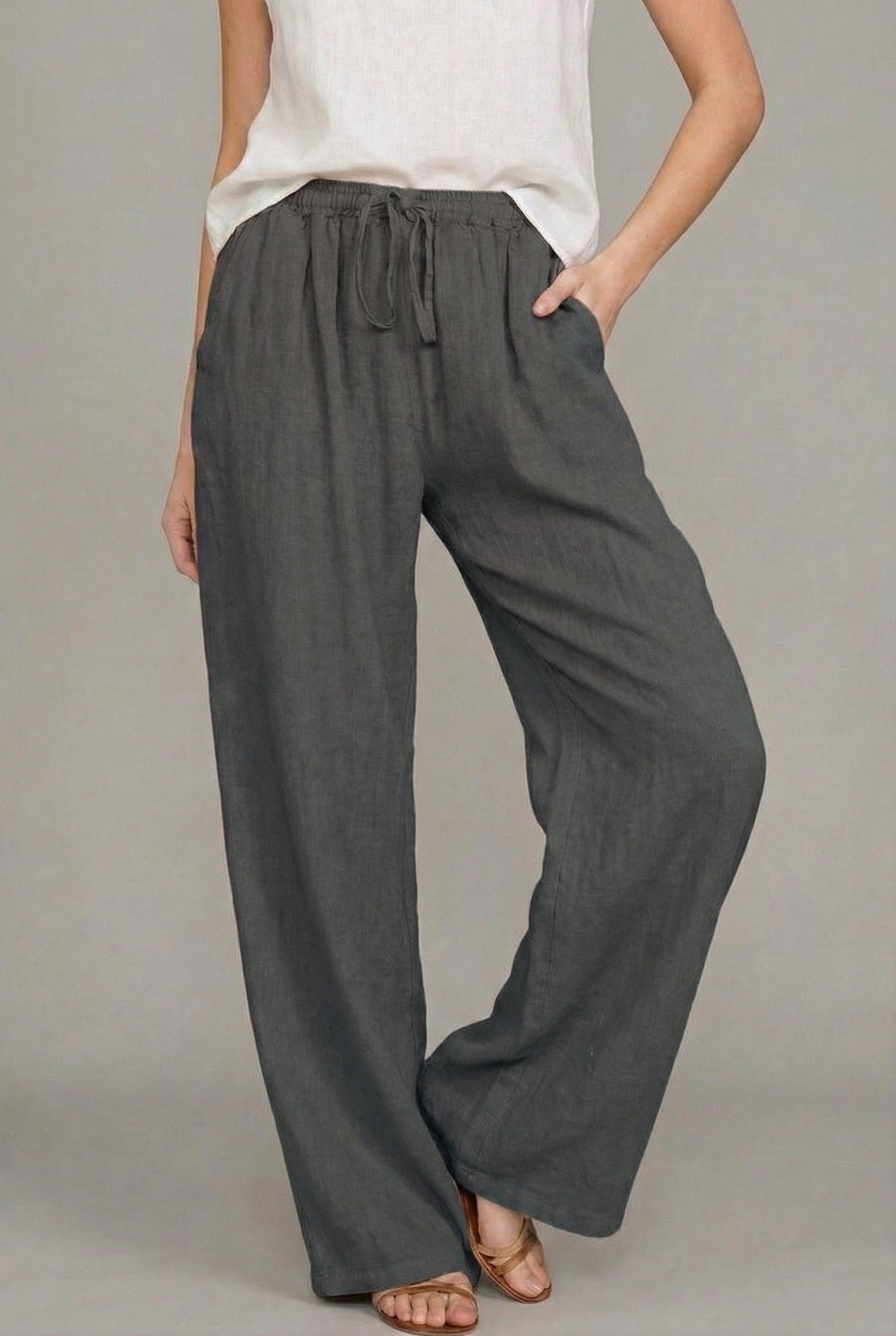 Delfina — Pantalón de lino de pierna ancha con cintura elástica y cordón