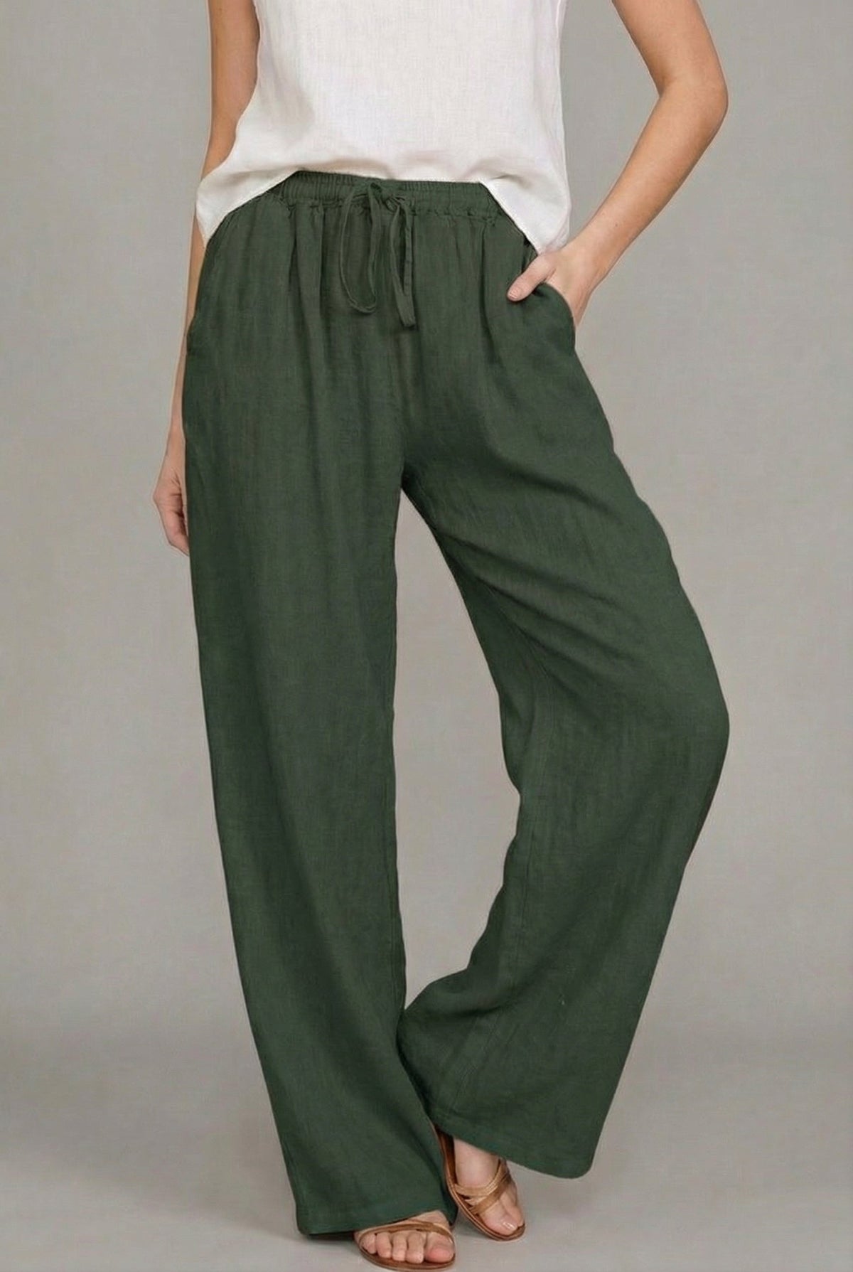 Delfina — Pantalón de lino de pierna ancha con cintura elástica y cordón