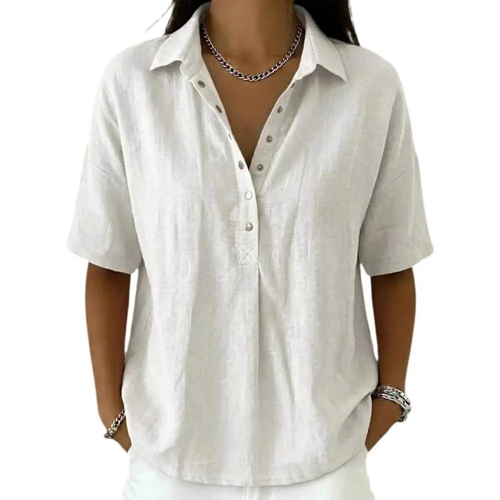 Lorna — Blusa de lino de manga corta con cuello polo
