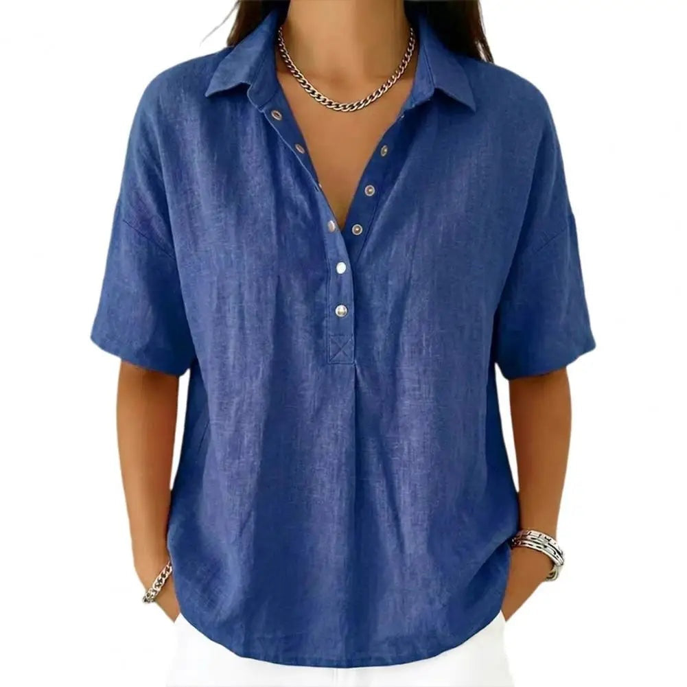 Lorna — Blusa de lino de manga corta con cuello polo