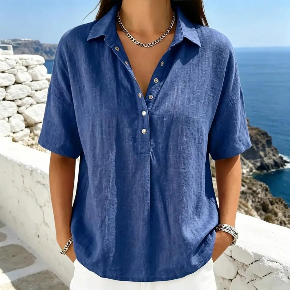 Lorna — Blusa de lino de manga corta con cuello polo