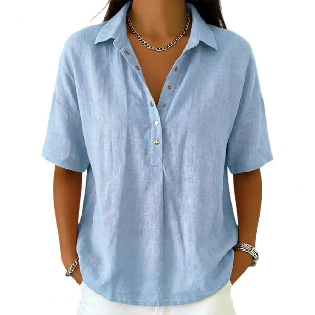 Lorna — Blusa de lino de manga corta con cuello polo