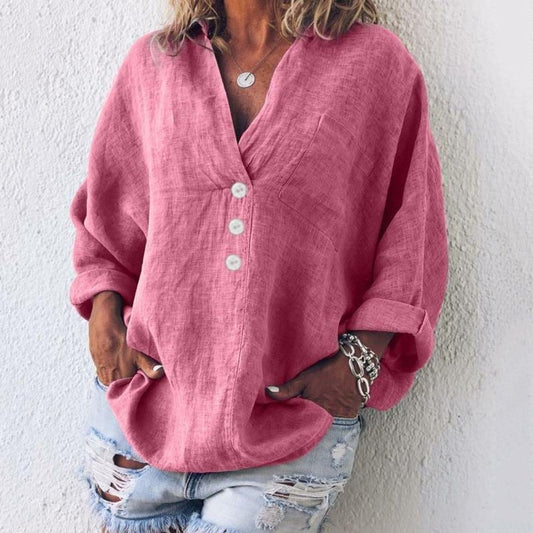 Nilda — Blusa de lino oversized con botones y cuello en V