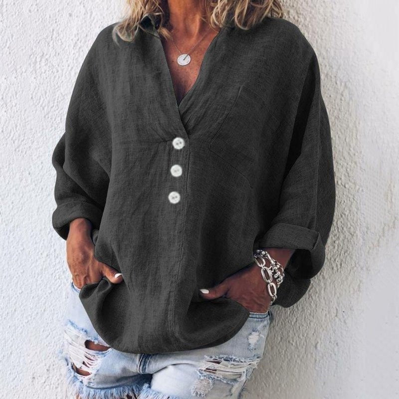 Nilda — Blusa de lino oversized con botones y cuello en V