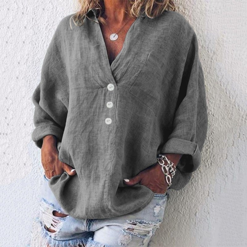 Nilda — Blusa de lino oversized con botones y cuello en V