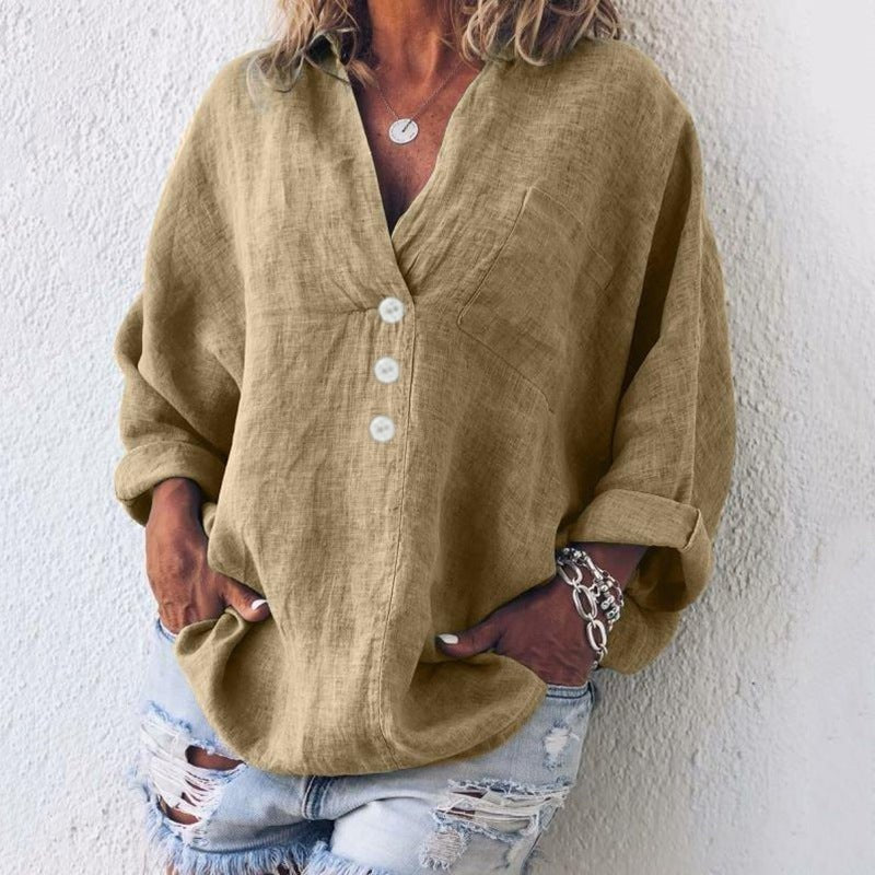 Nilda — Blusa de lino oversized con botones y cuello en V