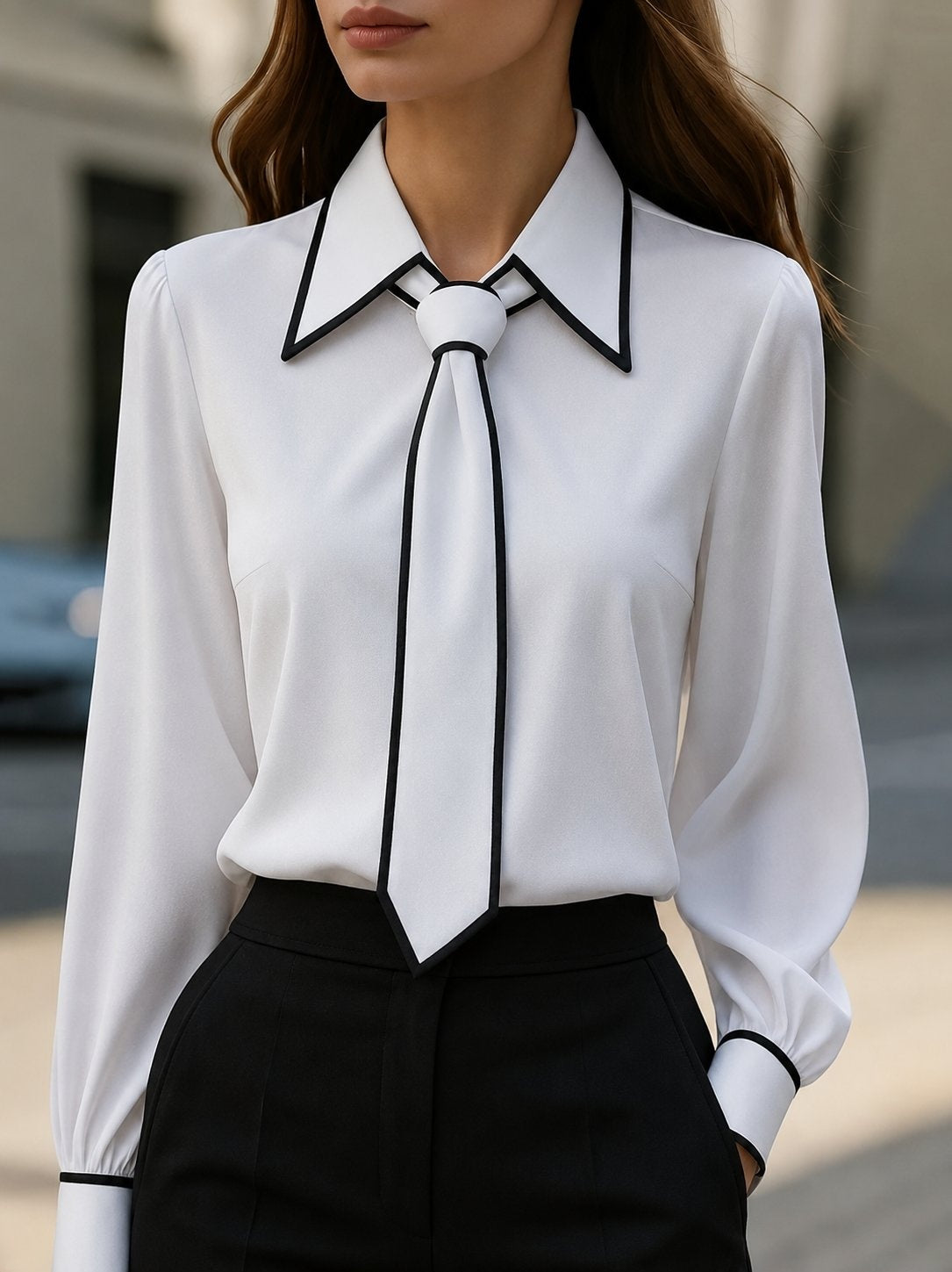 Kiara — Camisa blanca de manga larga con cuello de lazo