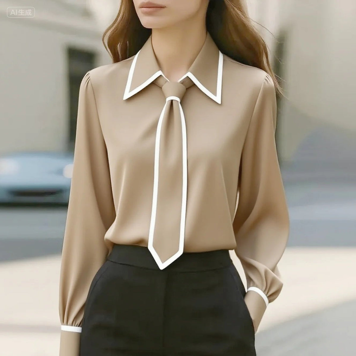 Kiara — Camisa blanca de manga larga con cuello de lazo