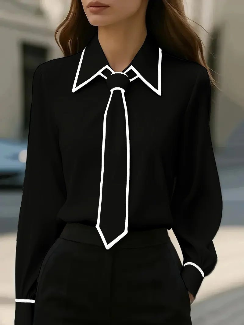 Kiara — Camisa blanca de manga larga con cuello de lazo