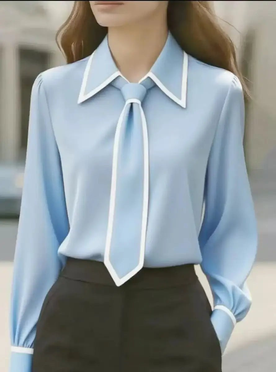 Kiara — Camisa blanca de manga larga con cuello de lazo
