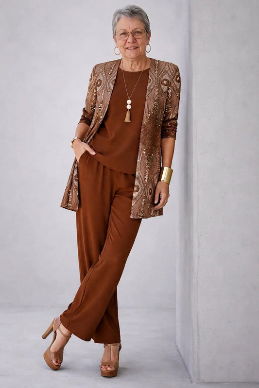 Alana — Conjunto de tres piezas con chaqueta de lentejuelas y pantalón recto