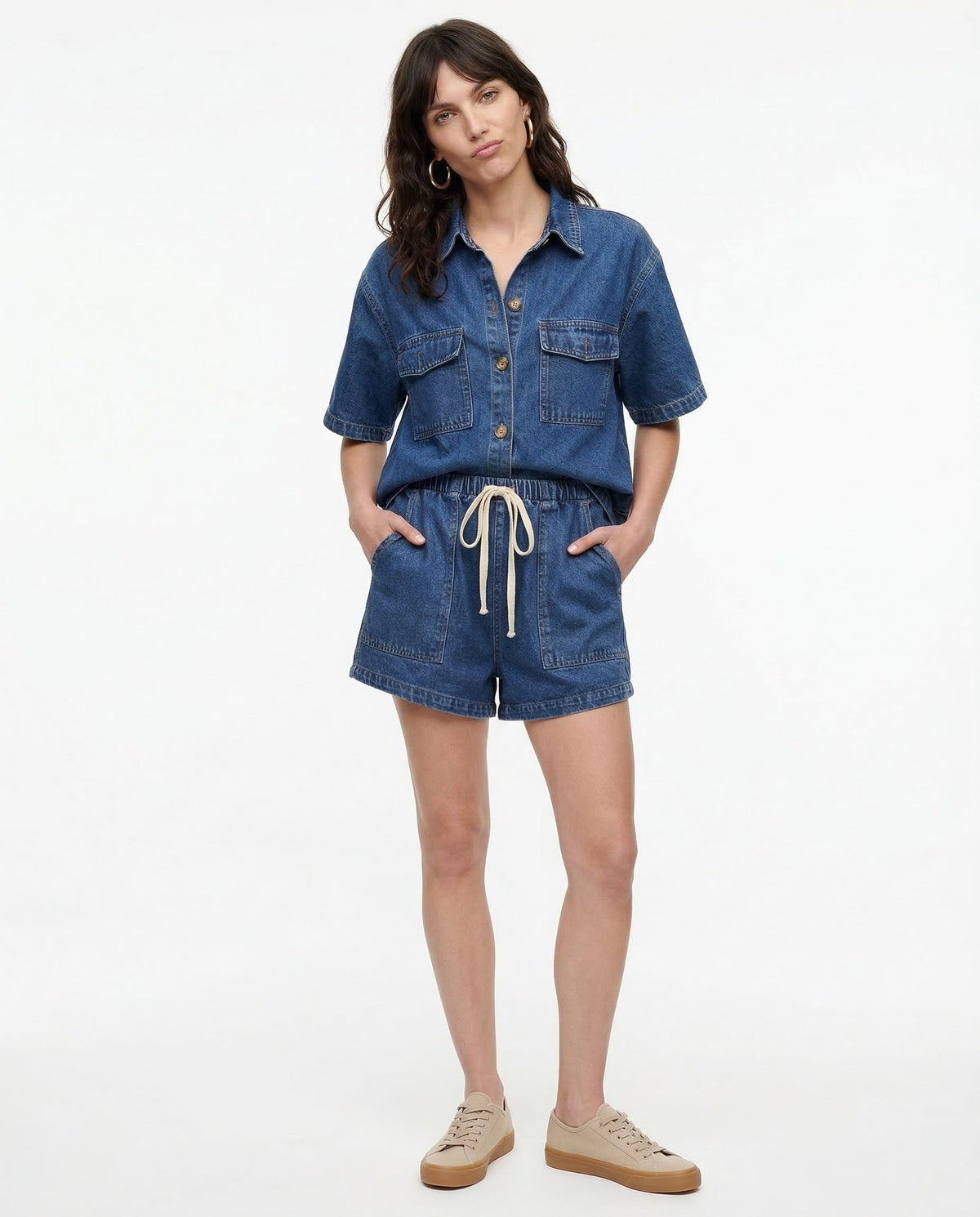 Dalma — Conjunto de denim de camisa de manga corta y shorts