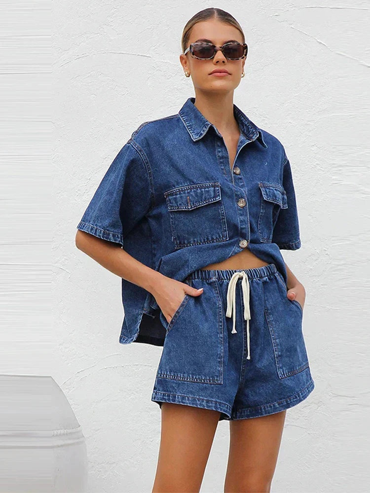 Dalma — Conjunto de denim de camisa de manga corta y shorts