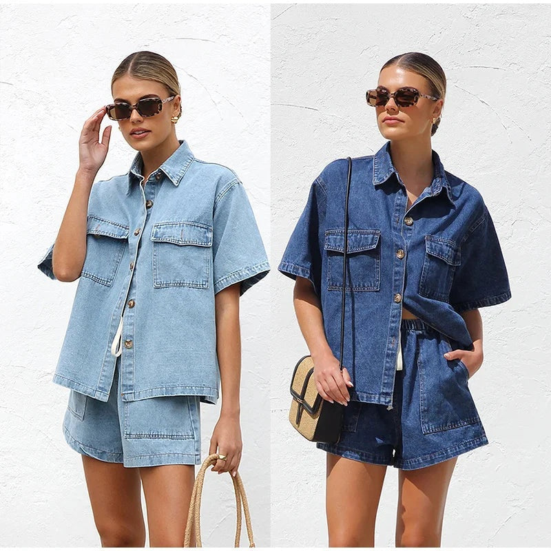 Dalma — Conjunto de denim de camisa de manga corta y shorts