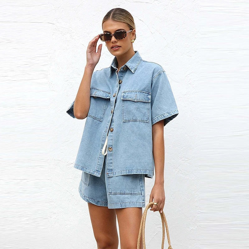 Dalma — Conjunto de denim de camisa de manga corta y shorts