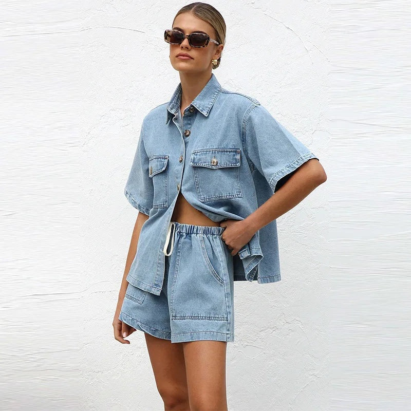 Dalma — Conjunto de denim de camisa de manga corta y shorts