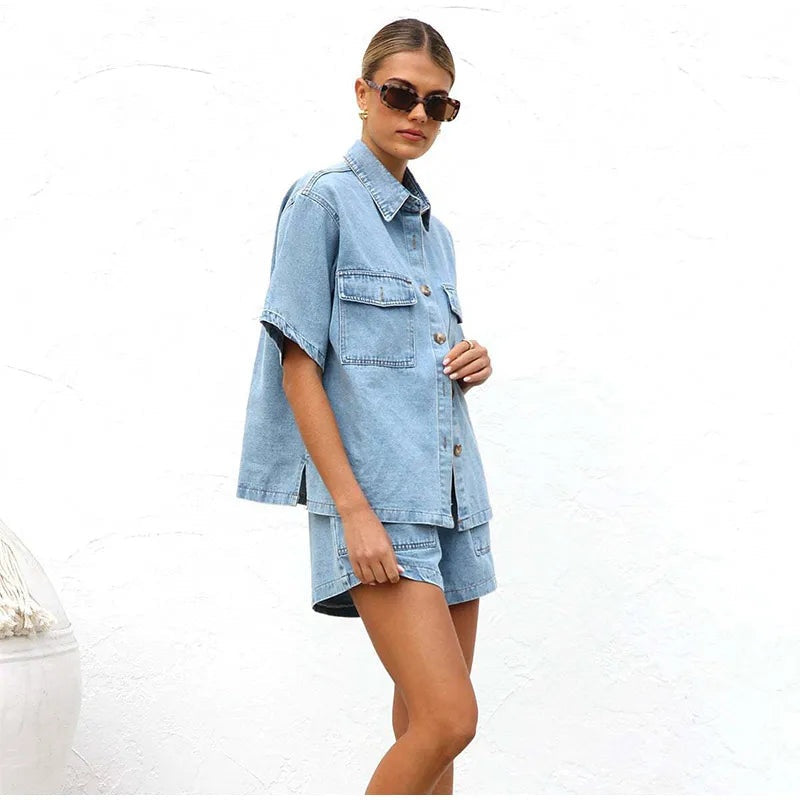 Dalma — Conjunto de denim de camisa de manga corta y shorts