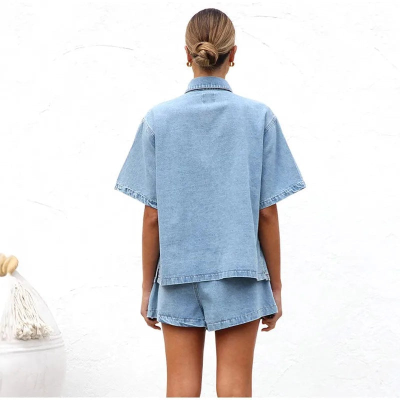 Dalma — Conjunto de denim de camisa de manga corta y shorts