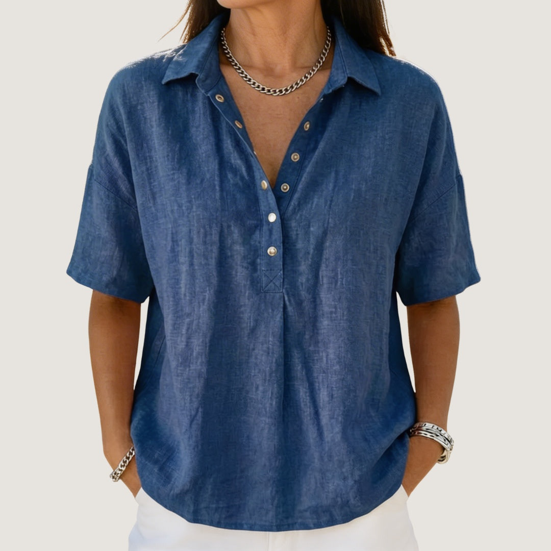 Olimpia — Blusa de lino de manga corta con cuello polo y botones