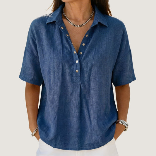 Olimpia — Blusa de lino de manga corta con cuello polo y botones