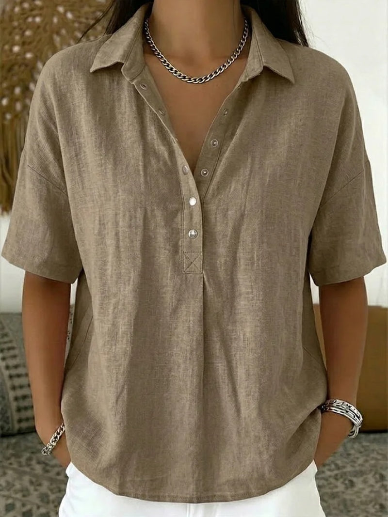 Olimpia — Blusa de lino de manga corta con cuello polo y botones