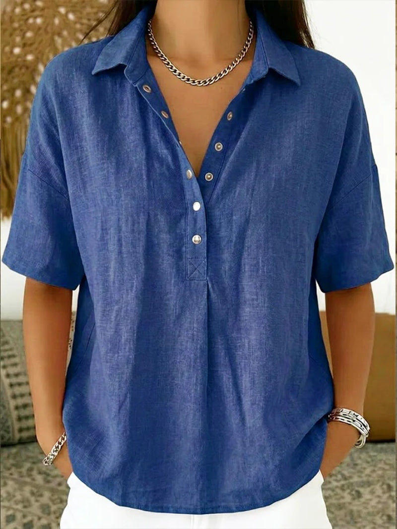 Olimpia — Blusa de lino de manga corta con cuello polo y botones