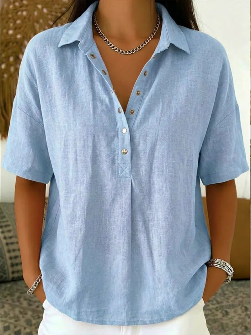 Olimpia — Blusa de lino de manga corta con cuello polo y botones