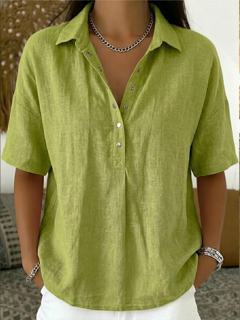 Olimpia — Blusa de lino de manga corta con cuello polo y botones