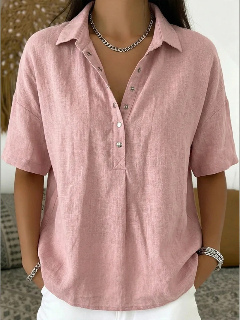 Olimpia — Blusa de lino de manga corta con cuello polo y botones