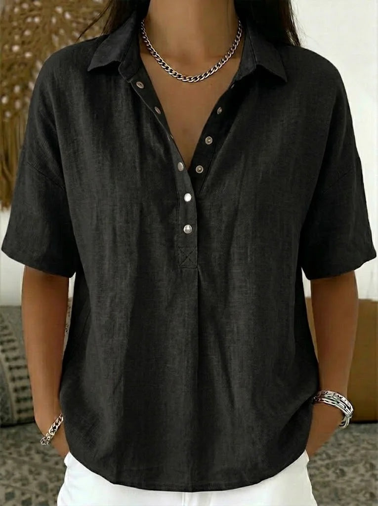 Olimpia — Blusa de lino de manga corta con cuello polo y botones