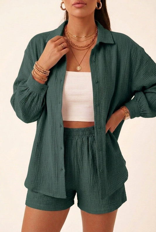 Ágata — Conjunto de camisa y short de muselina de manga larga