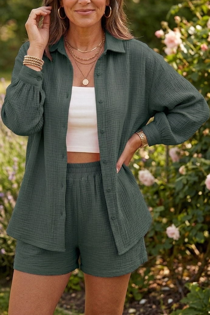 Ágata — Conjunto de camisa y short de muselina de manga larga