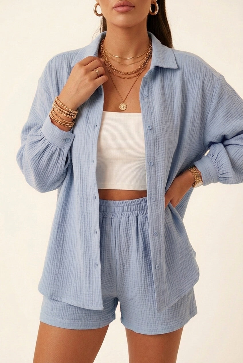 Ágata — Conjunto de camisa y short de muselina de manga larga