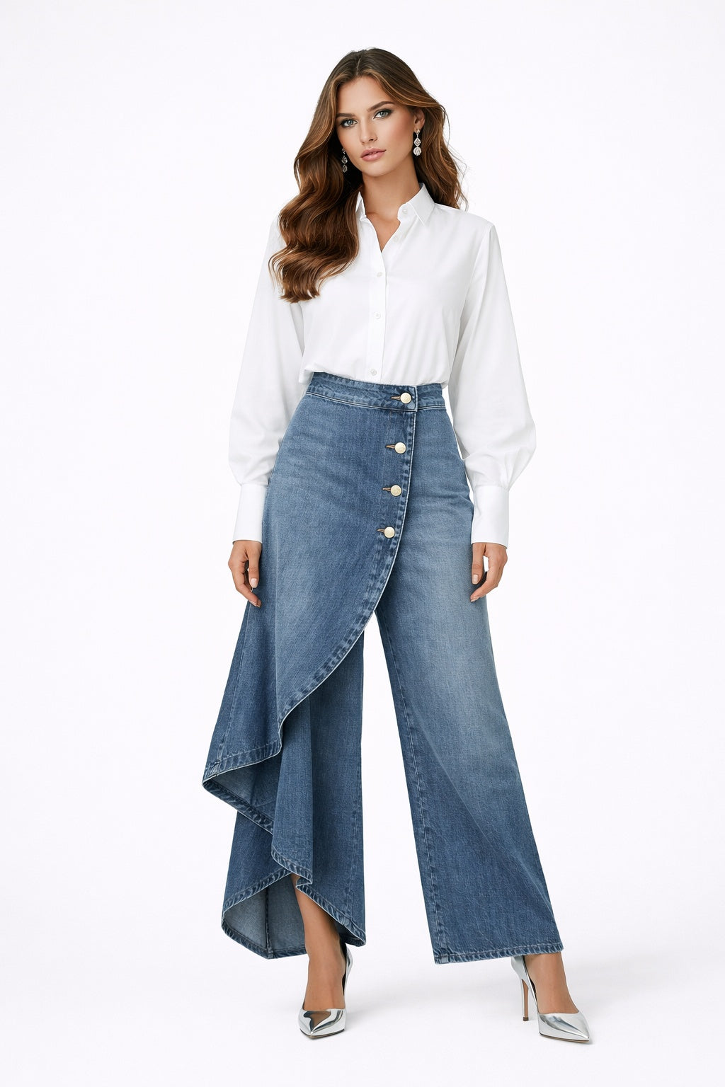 Ileana — Pantalón vaquero palazzo asimétrico con botones