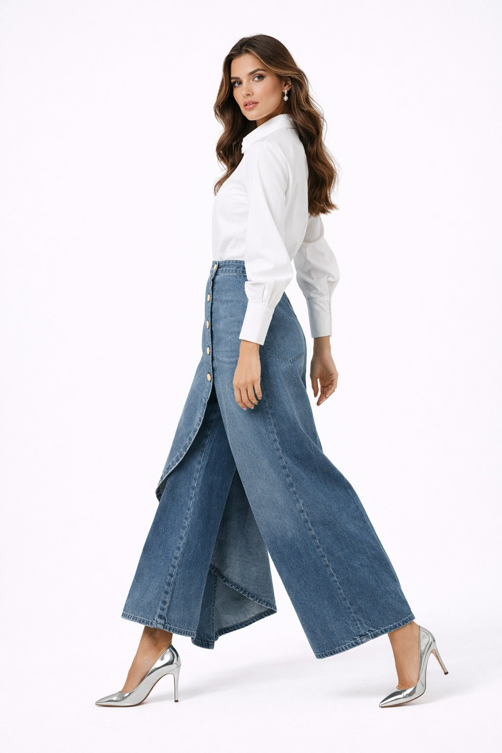 Ileana — Pantalón vaquero palazzo asimétrico con botones
