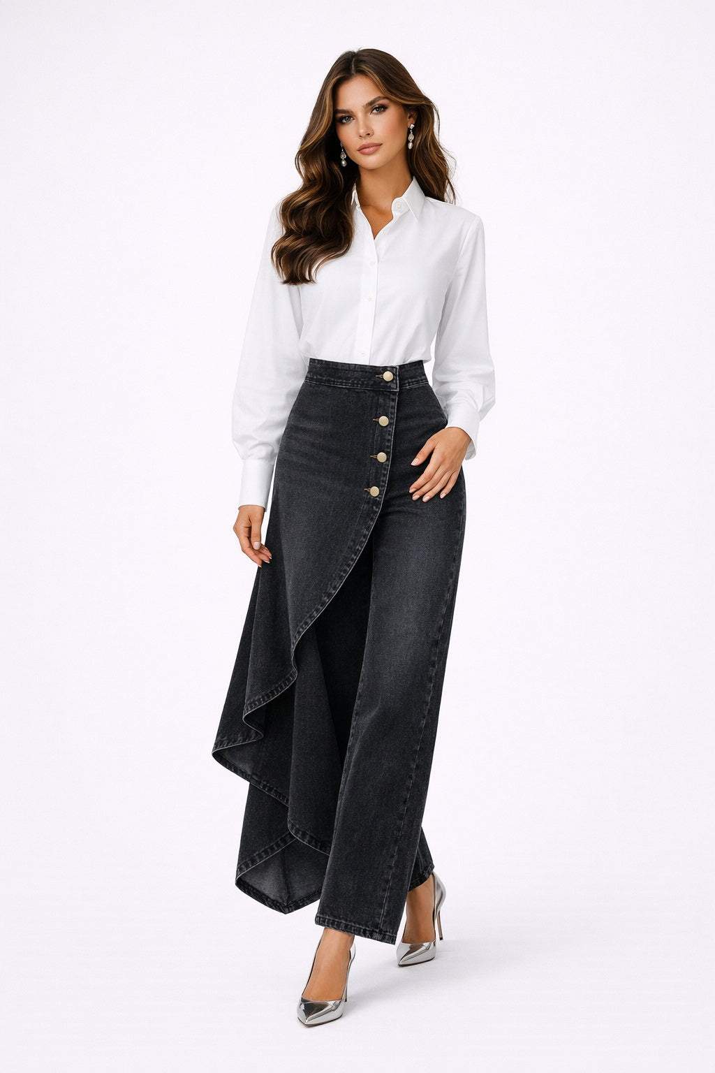 Ileana — Pantalón vaquero palazzo asimétrico con botones