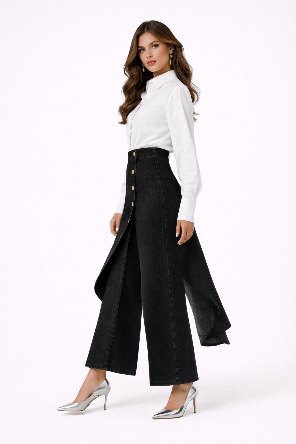 Ileana — Pantalón vaquero palazzo asimétrico con botones