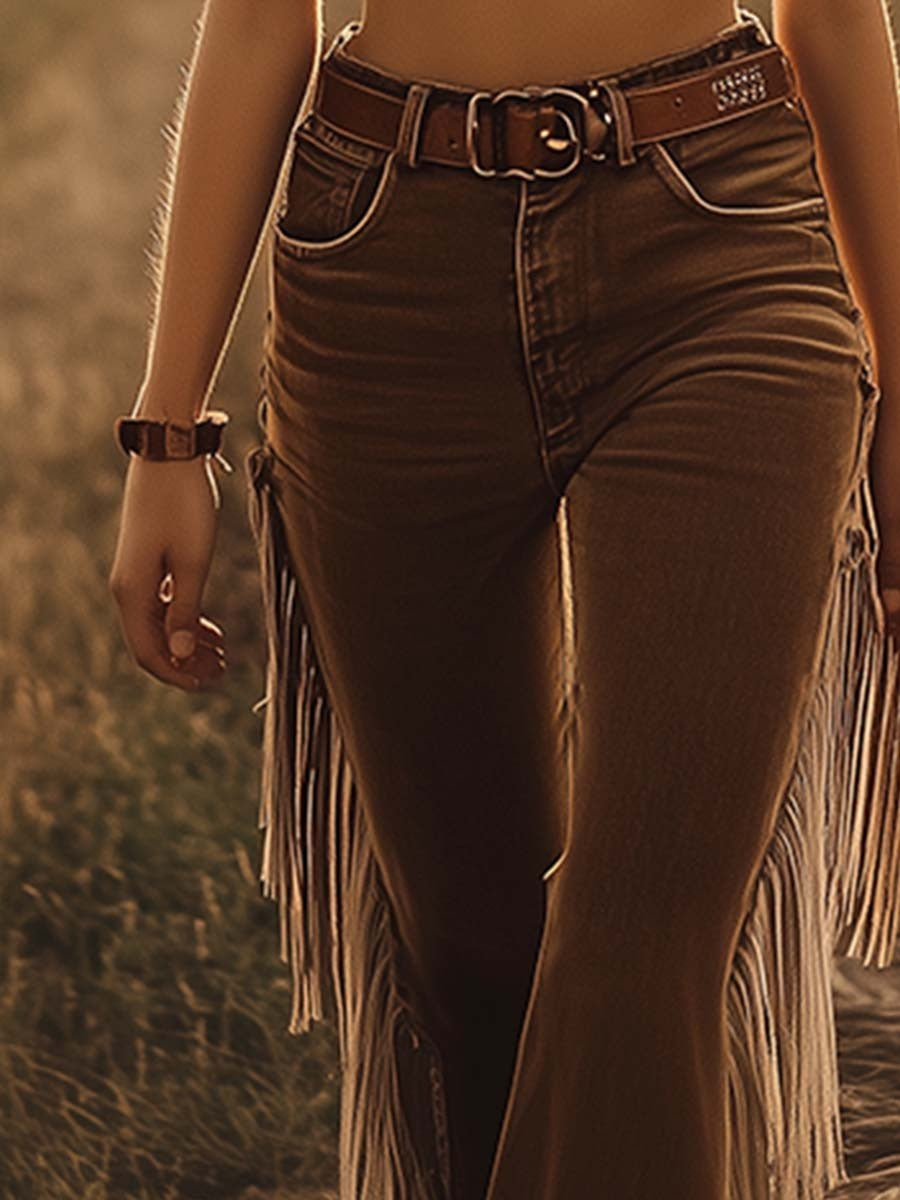 Evita — Pantalón vaquero campana con flecos de cintura alta