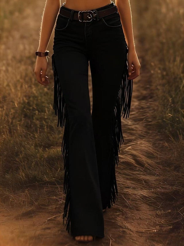 Evita — Pantalón vaquero campana con flecos de cintura alta