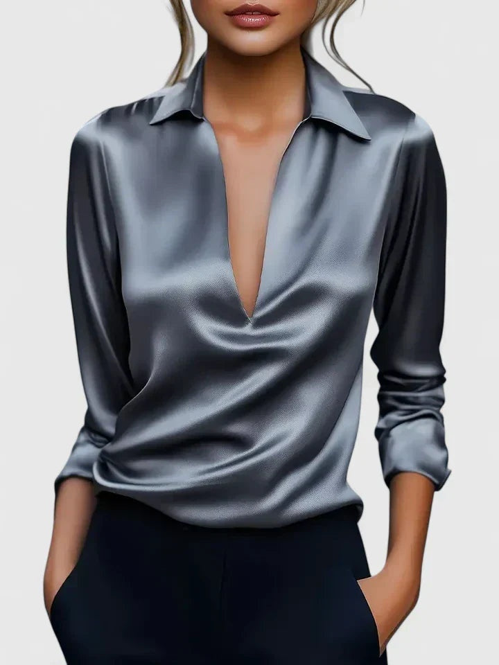 Paulina — Blusa de manga larga con escote drapeado